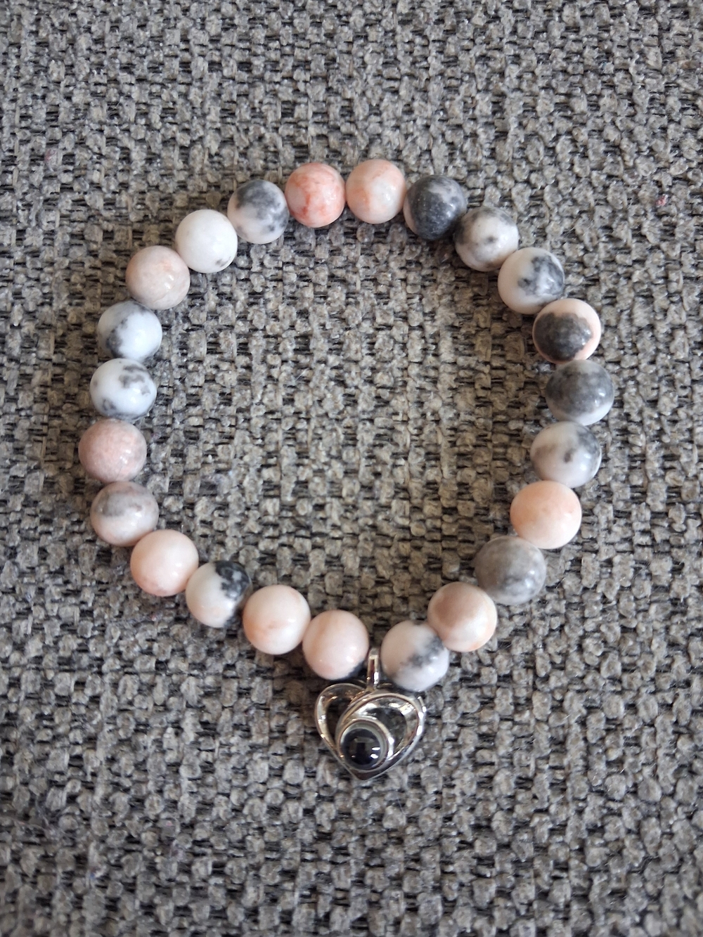 Pink and Gray Beaded Heart Charm Stretch Bracelet - Unbranded